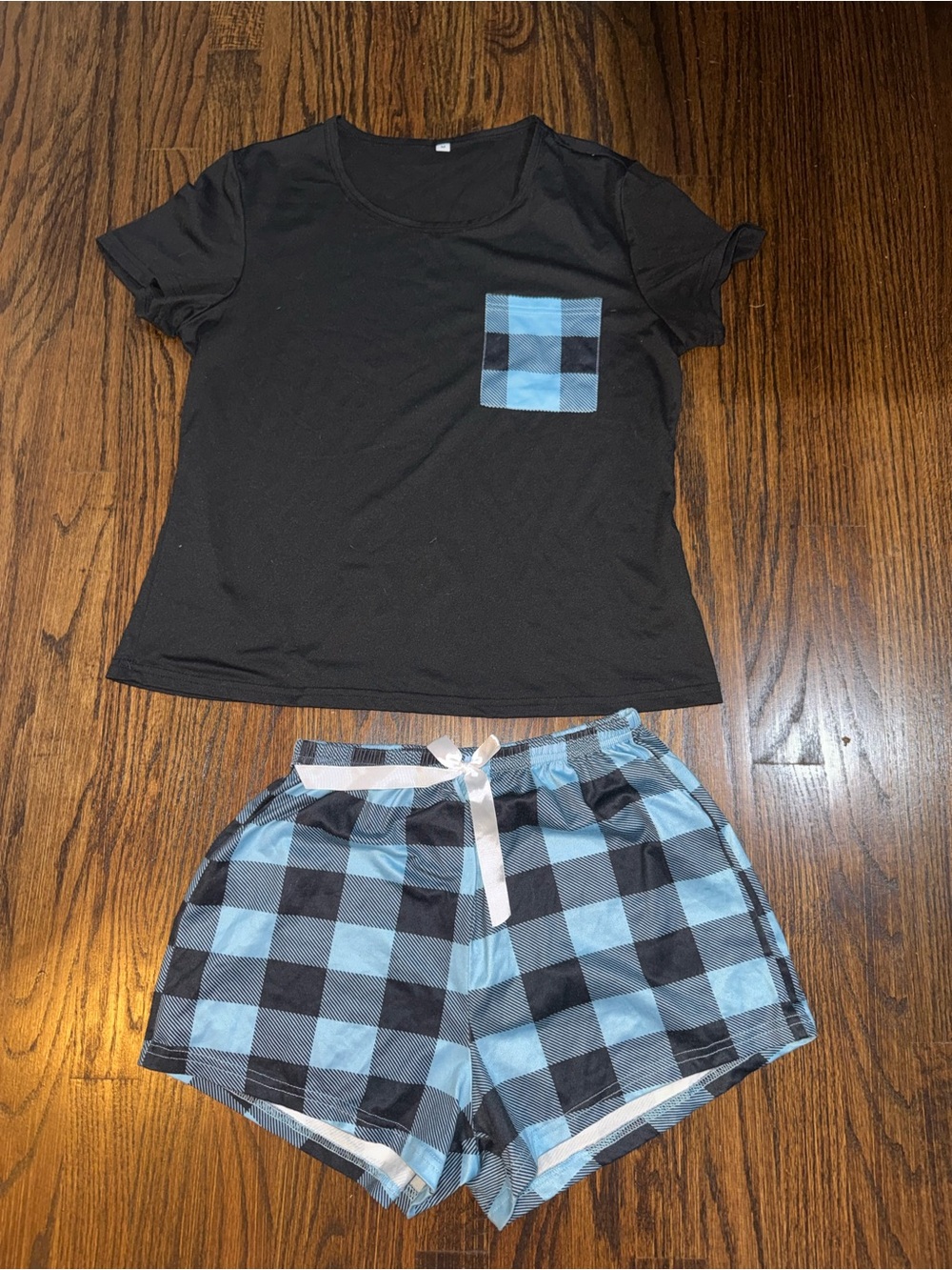 Black Top & Blue Plaid Shorts Pajama Set